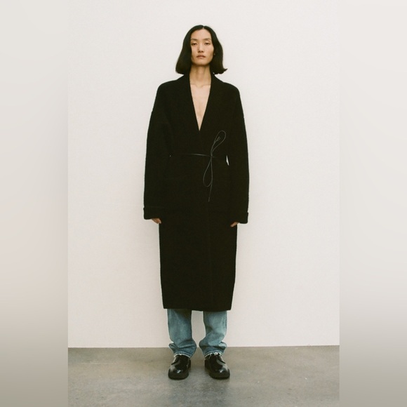 Zara coat wool blend classic casual Elegant Black Women's jacket with waist tie - Picture 6 of 8